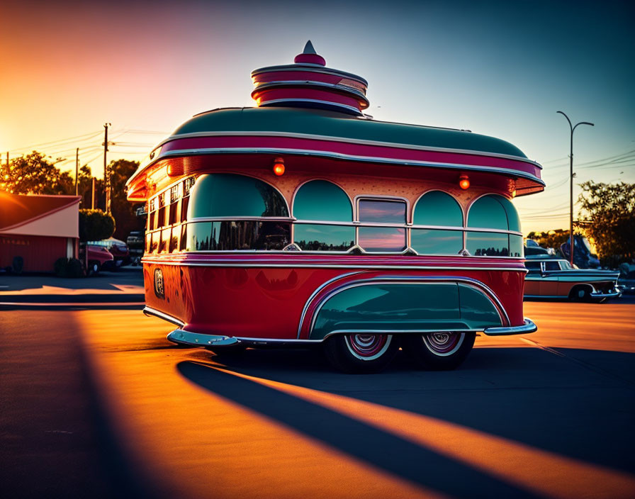 Classic Red and White Diner on Wheels at Sunset with Vintage Cars