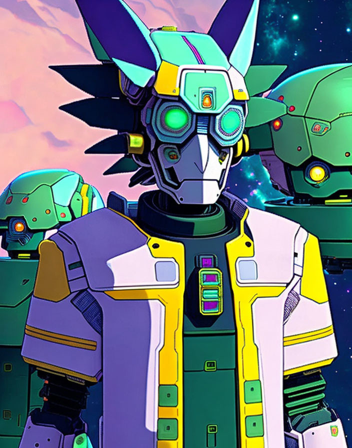 Colorful humanoid-faced mech in pilot suit amid space and other mechs.