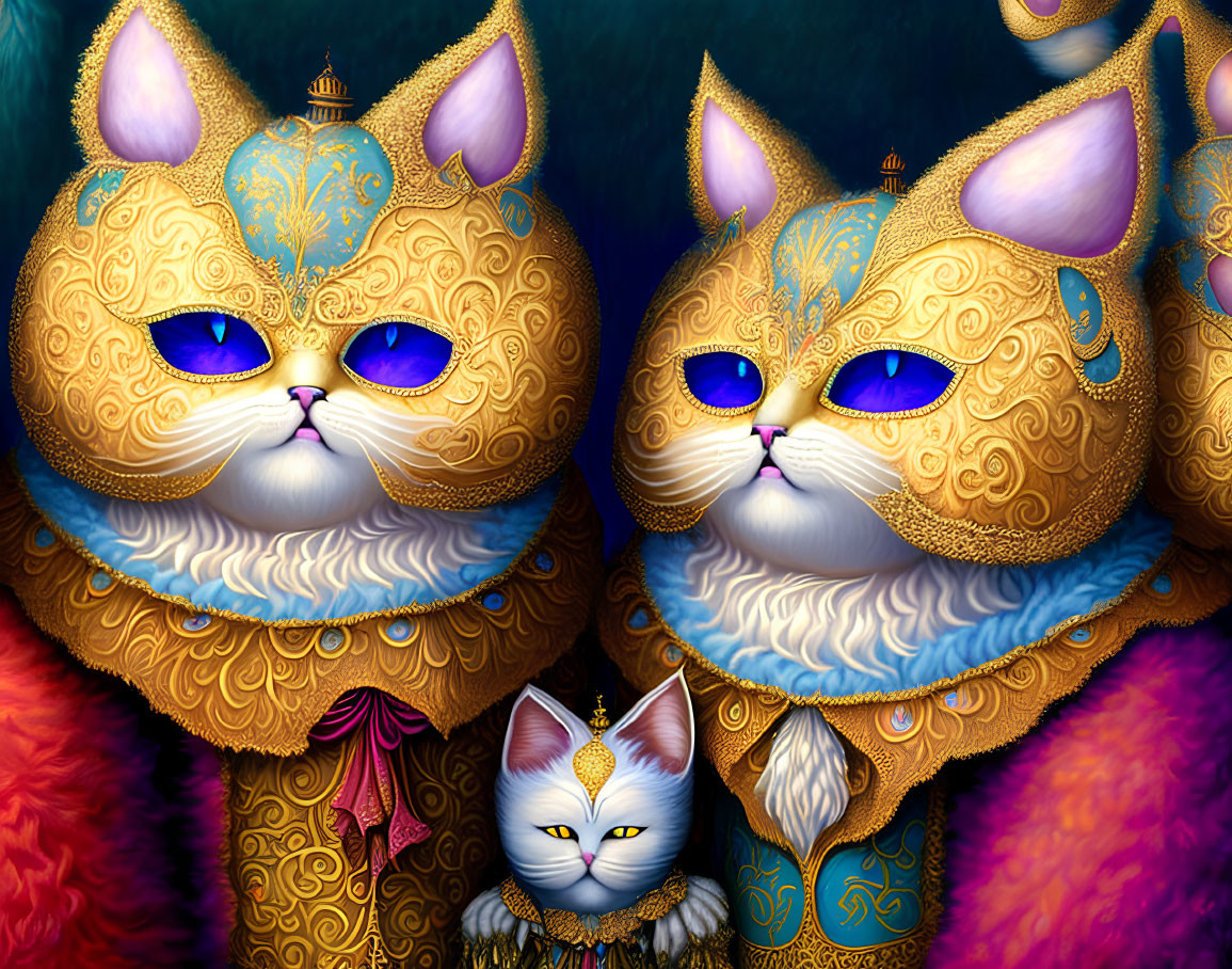 Ornate Cat-Shaped Figures with Blue Eyes and Intricate Gold & Blue Patterns