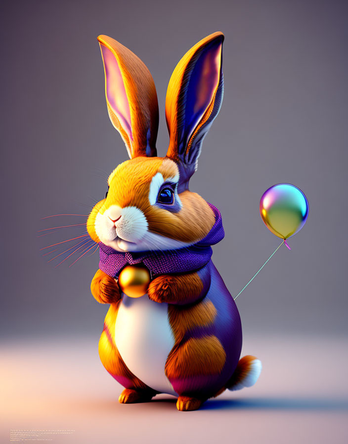 Whimsical 3D illustration of anthropomorphic bunny with large eyes and purple scarf