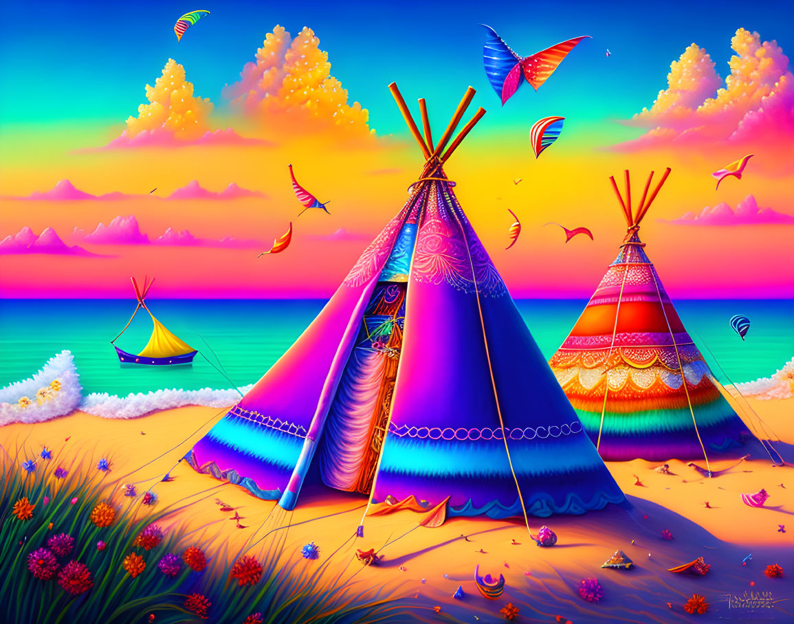 Vibrant beach scene with colorful teepees and sailboat under sunset sky