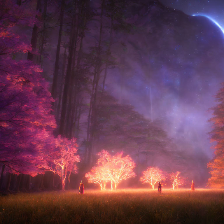 Mystical forest scene at night with glowing trees and figures