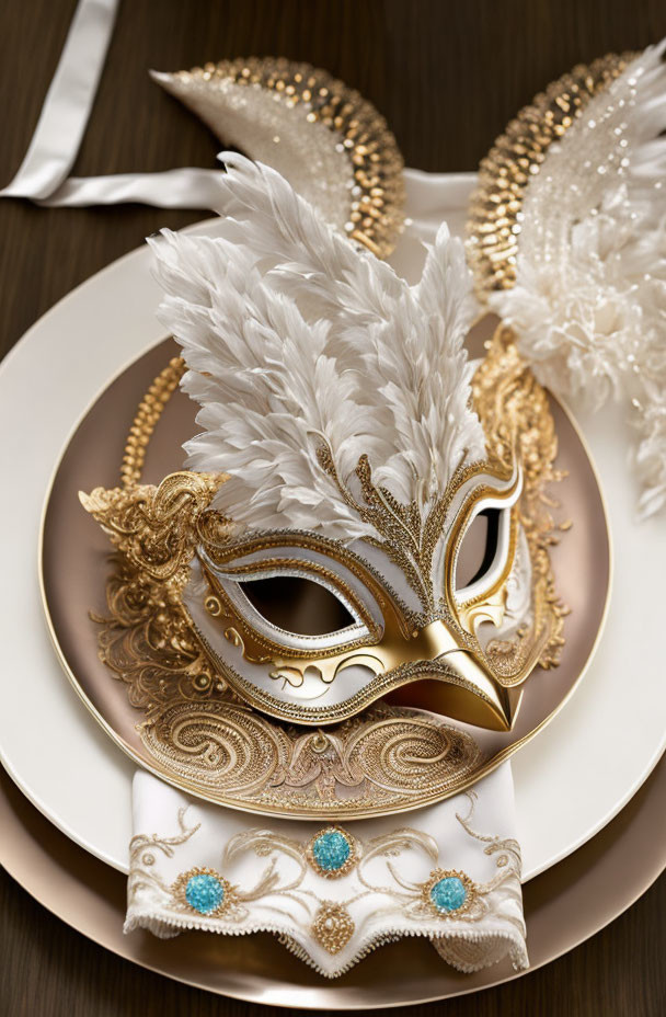 White and Gold Venetian Mask with Feathers and Jewels on Gold-Rimmed Plates