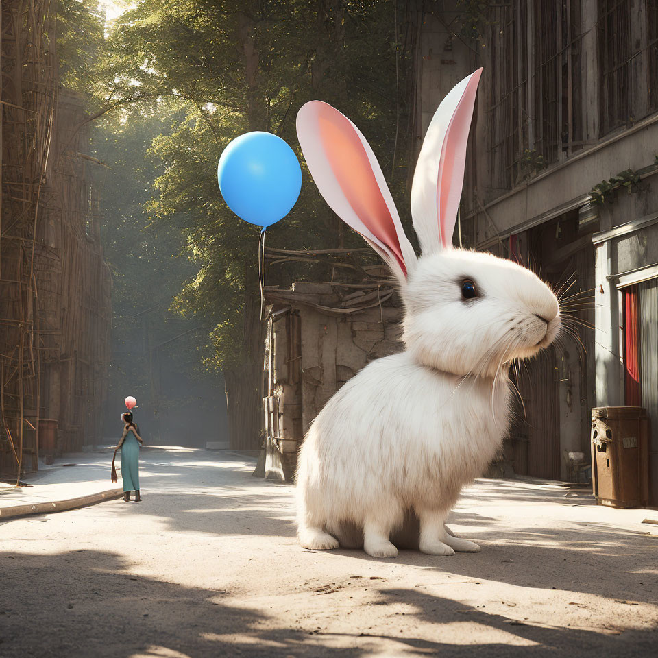 Giant white rabbit and small girl with blue balloon in sunlit street