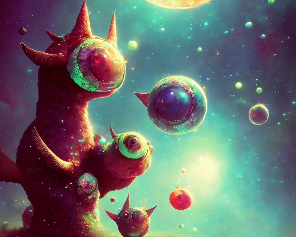 Colorful cosmic scene with whimsical creatures and orbs in starry space.