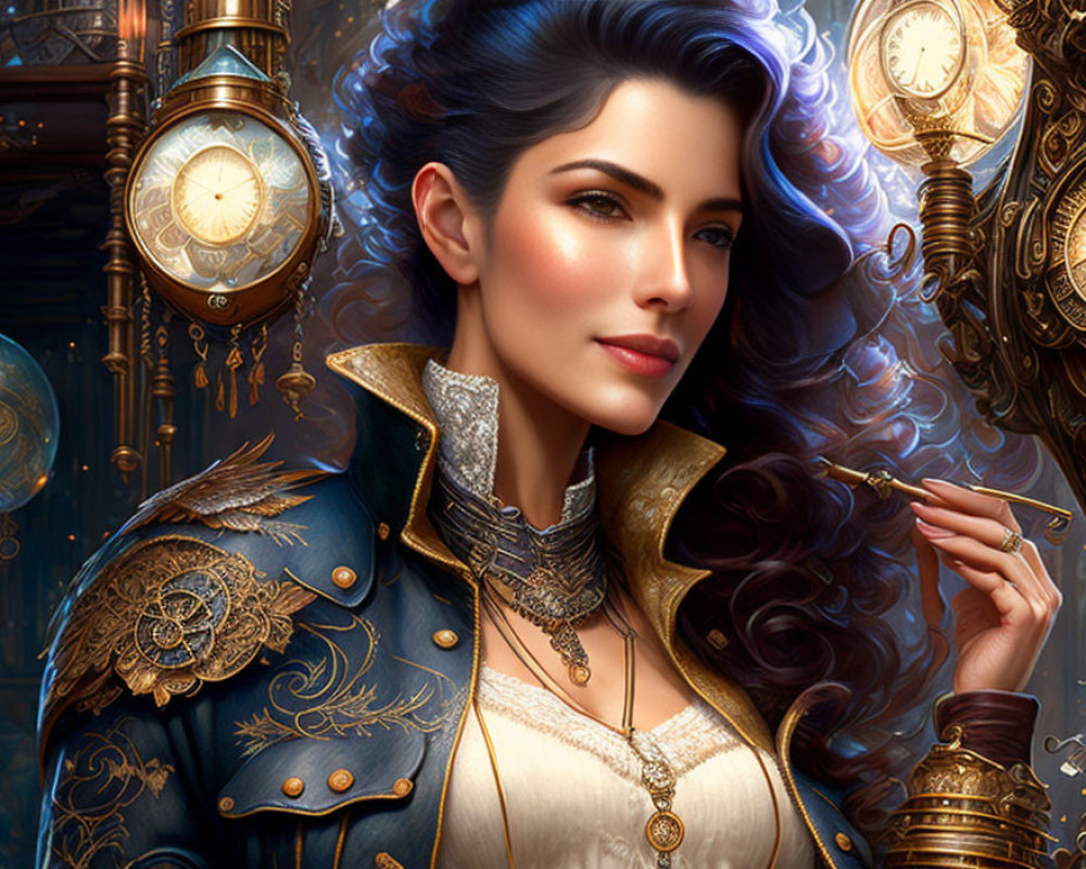 Digital artwork: Woman with curly hair in steampunk outfit