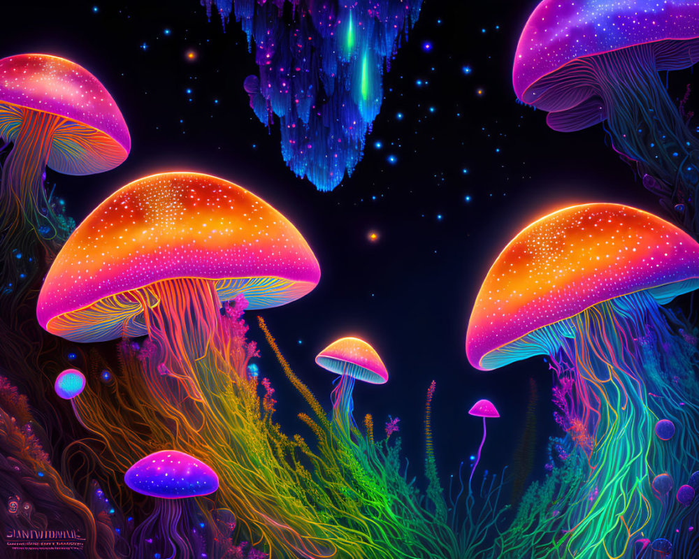 Colorful Neon Mushrooms in Starry Night Sky with Glowing Vegetation