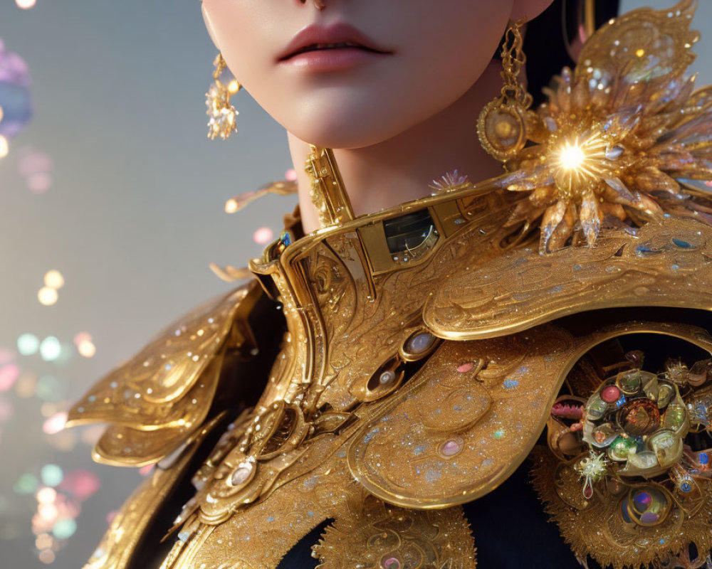 Close-up Portrait of Person in Intricate Golden Jewelry and Gemstone-Adorned Attire