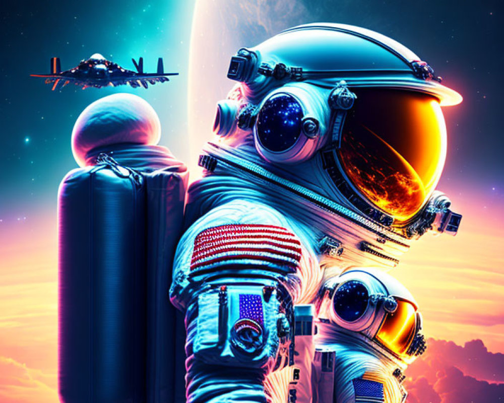 Astronaut with reflective visor in cosmic backdrop with nebulas, planet, and spacecraft
