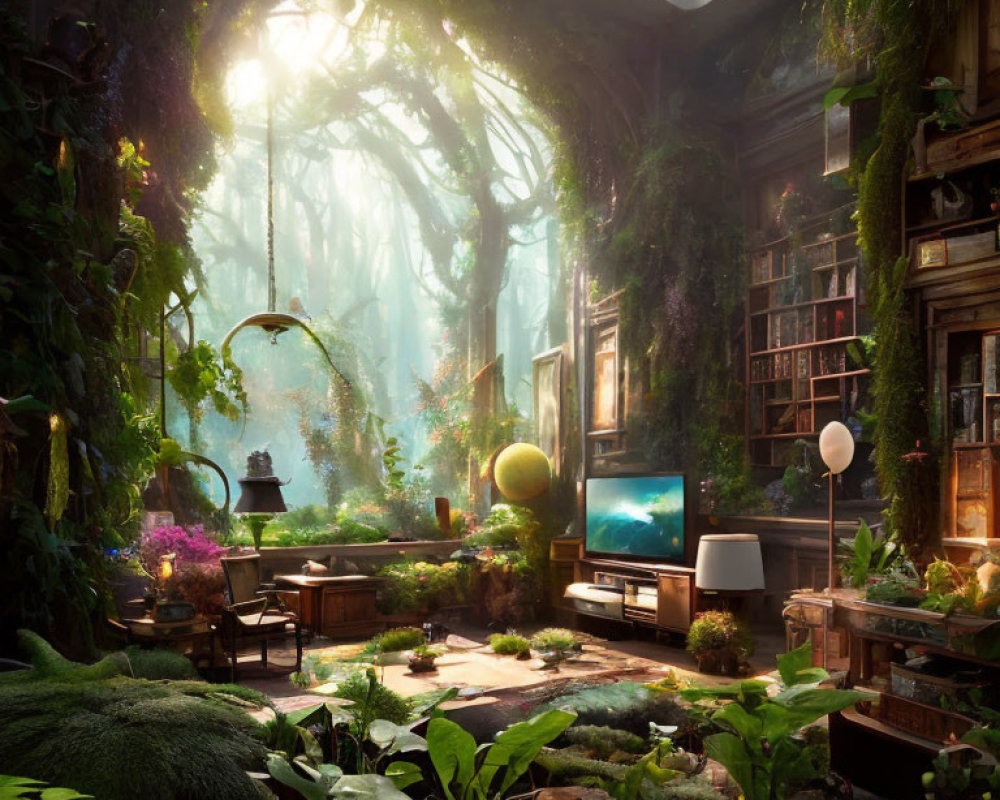 Indoor forest library with lush foliage and modern technology