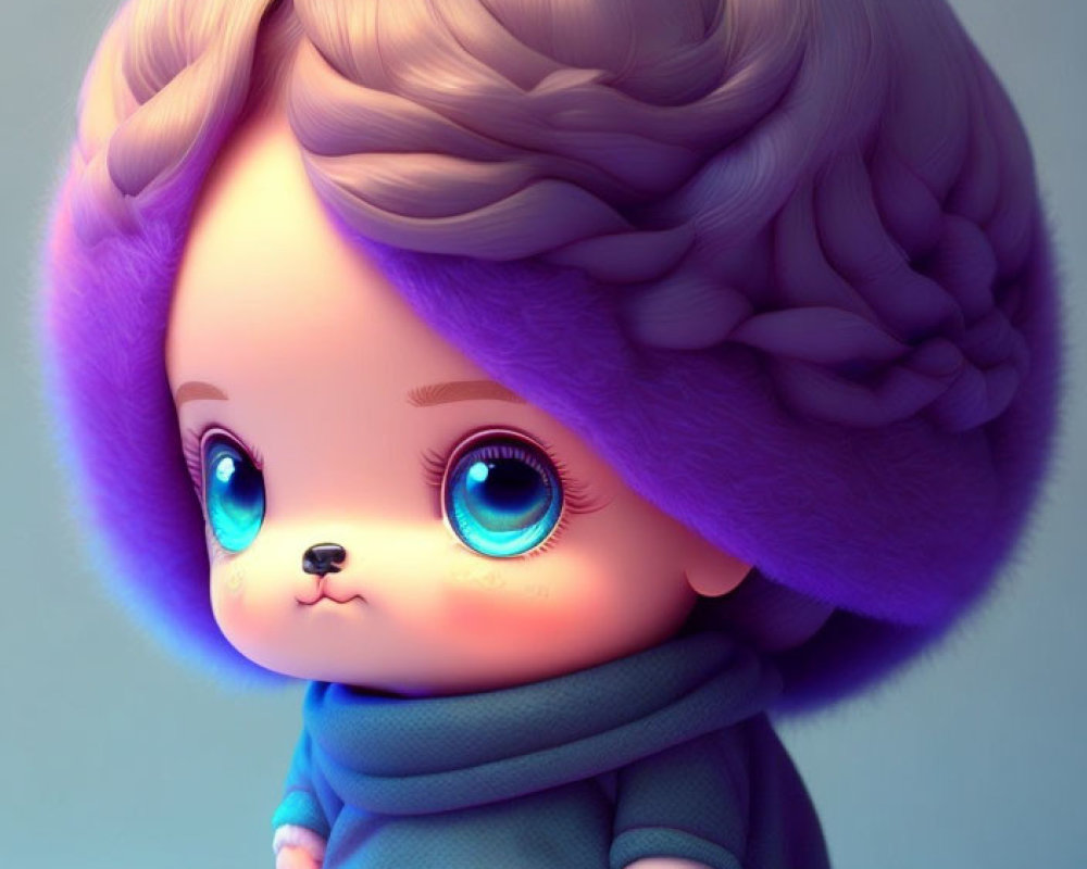 Stylized character with oversized eyes, purple hair, and blue scarf