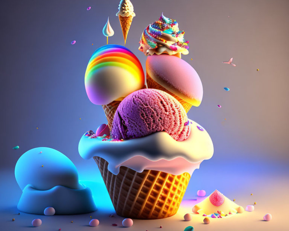 Vibrant ice cream scoop composition on gradient background