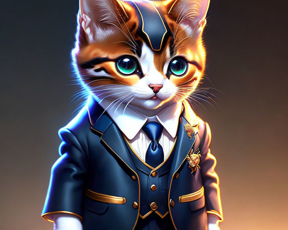 Anthropomorphic kitten in fancy suit with medal: confident and dignified display