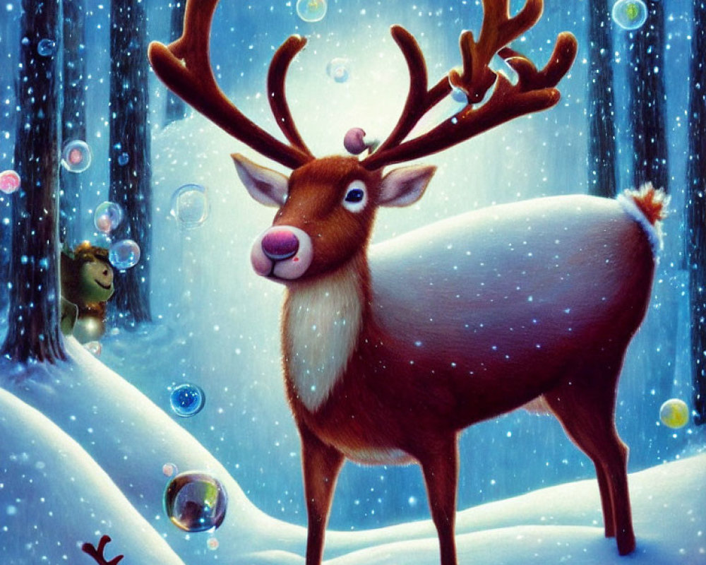 Illustration of reindeer with glowing antlers in snowy landscape