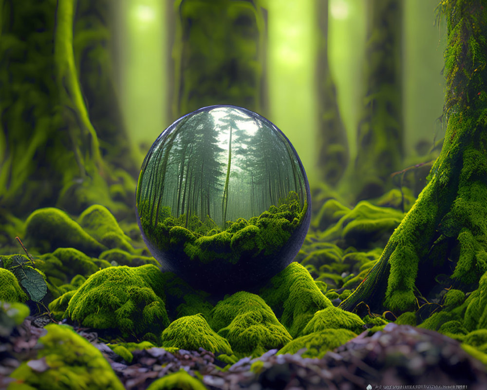 Reflective Sphere on Mossy Forest Ground with Trees and Mist