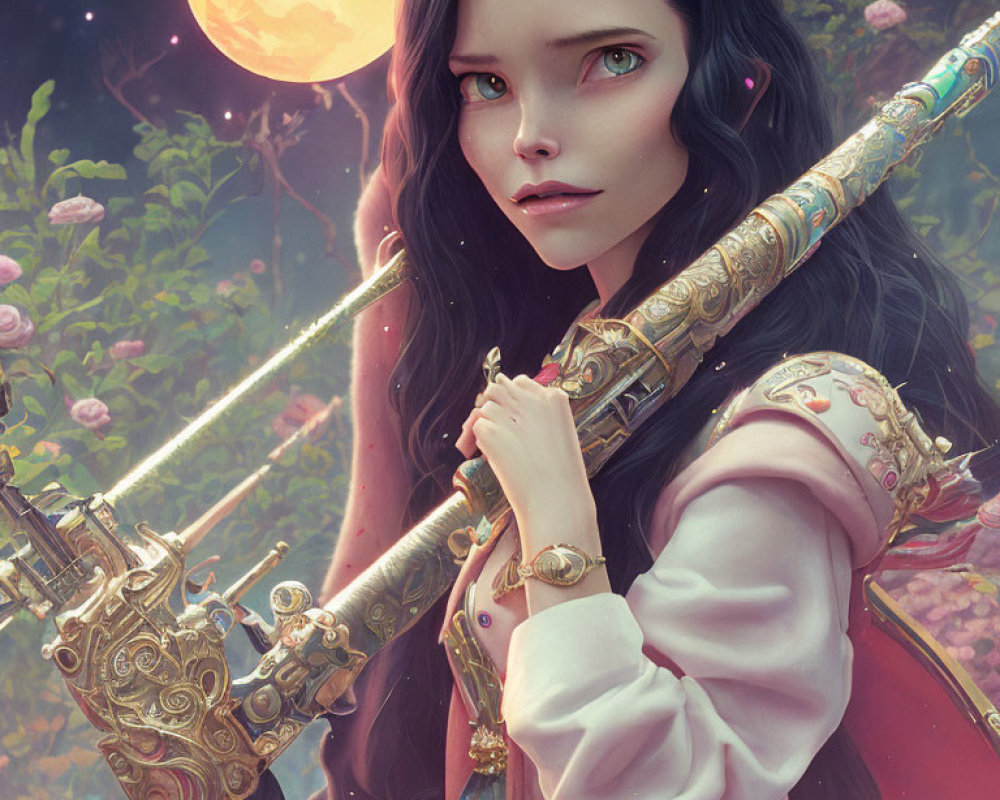 Dark-haired woman with green eyes holding ornate rifle in fantastical moonlit setting.