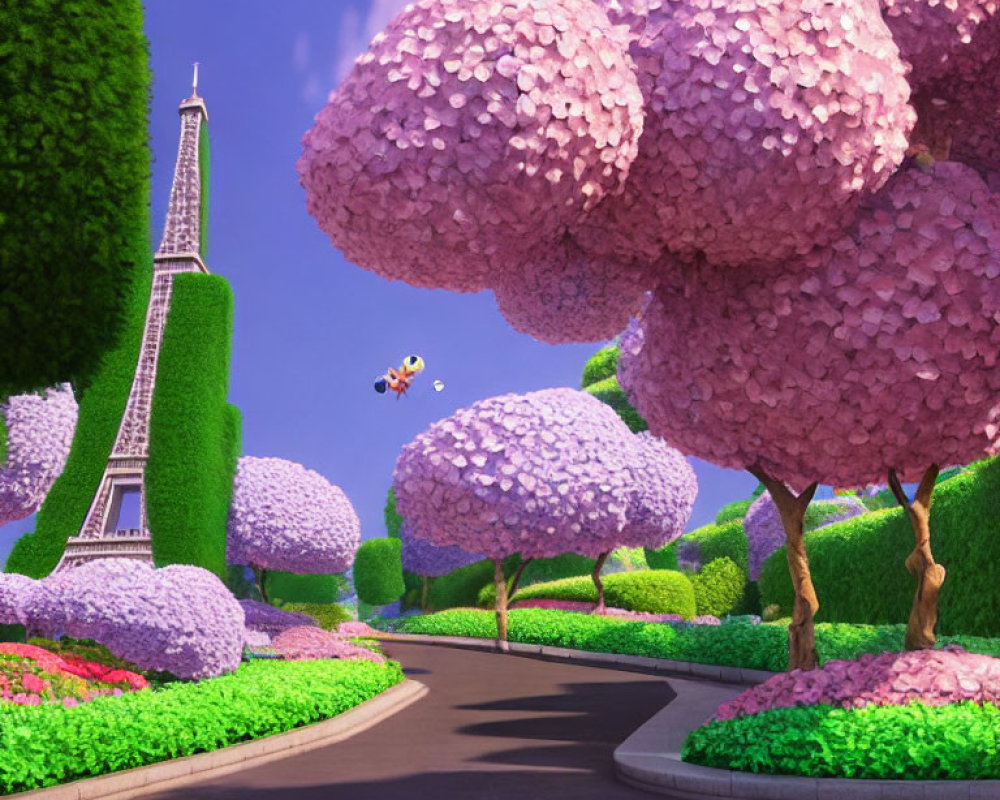 Vibrant Eiffel Tower scene with colorful trees and flying character