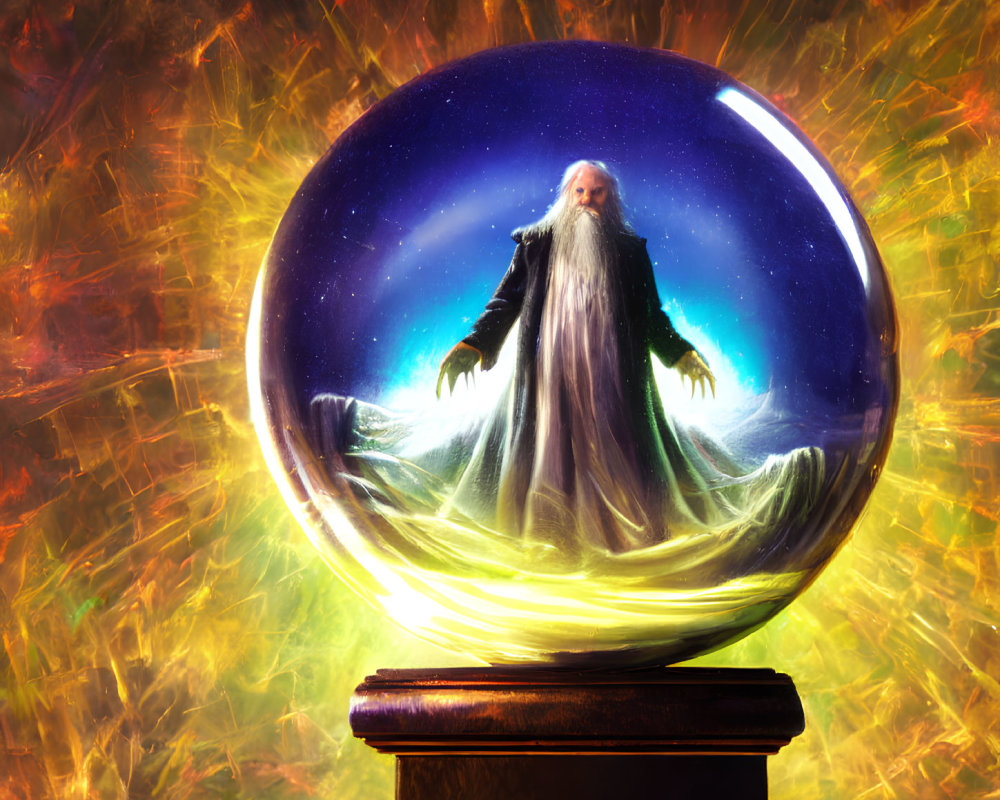 Crystal ball with wizard on wooden stand and mystical aura.