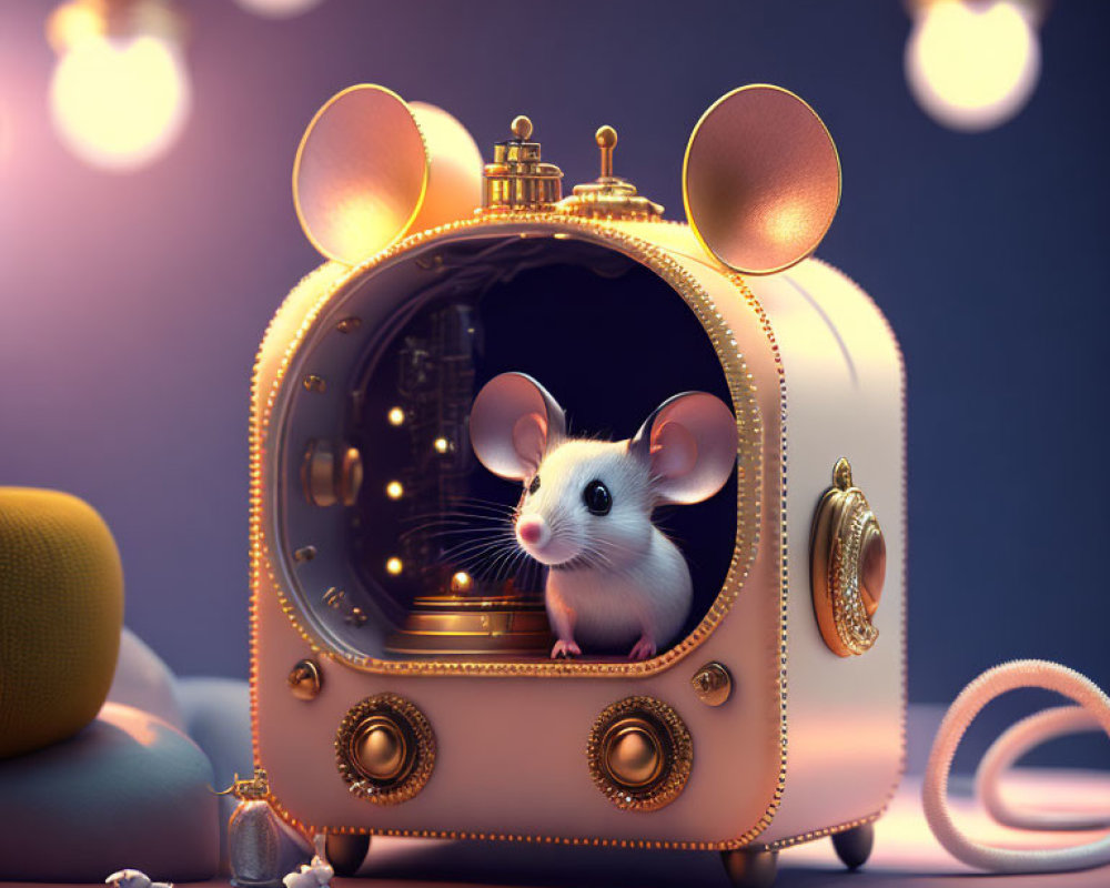 Whimsical vintage radio with cute mouse and golden accents