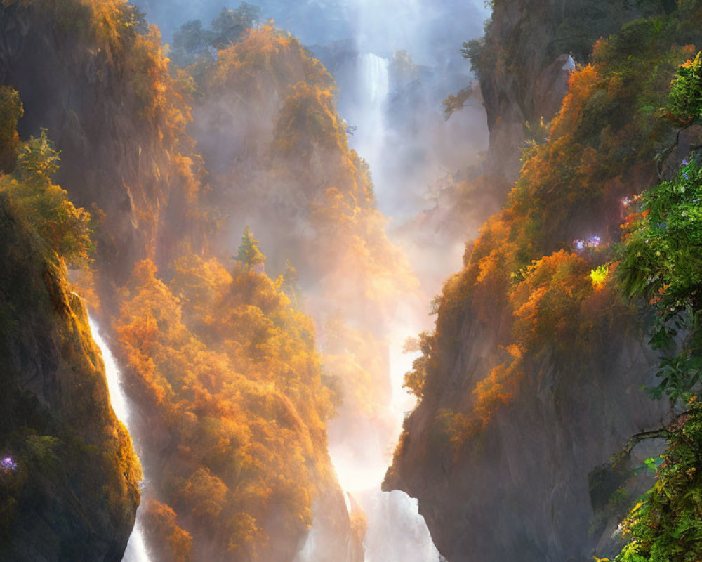 Majestic waterfall in misty mountain gorge with autumn forest.