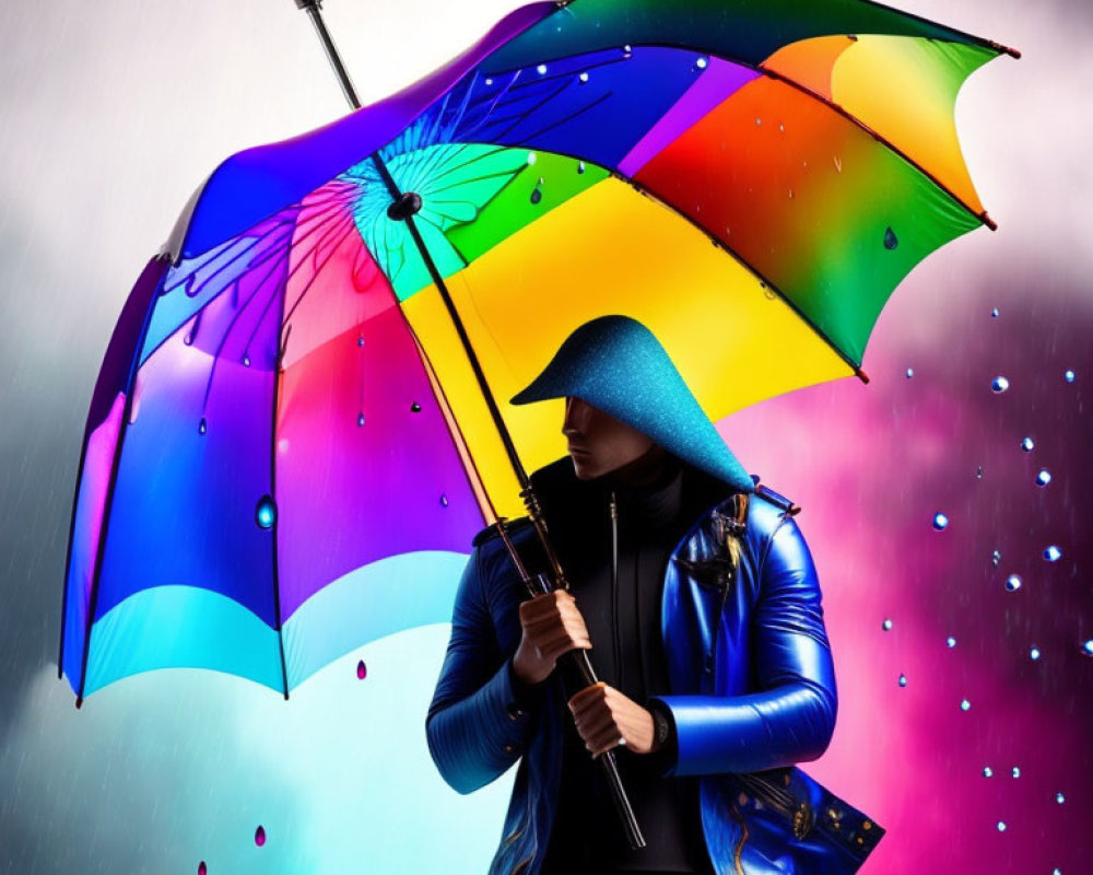 Person in Blue Jacket with Rainbow Umbrella in Rainy Scene