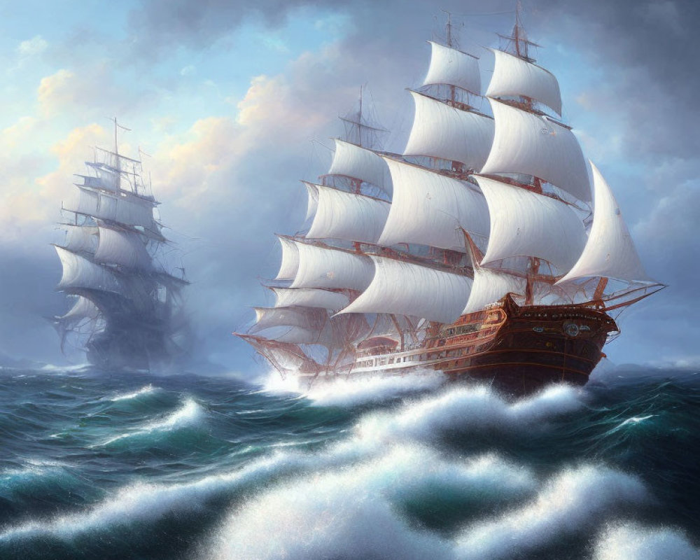 Majestic sailing ships on stormy sea with billowing sails