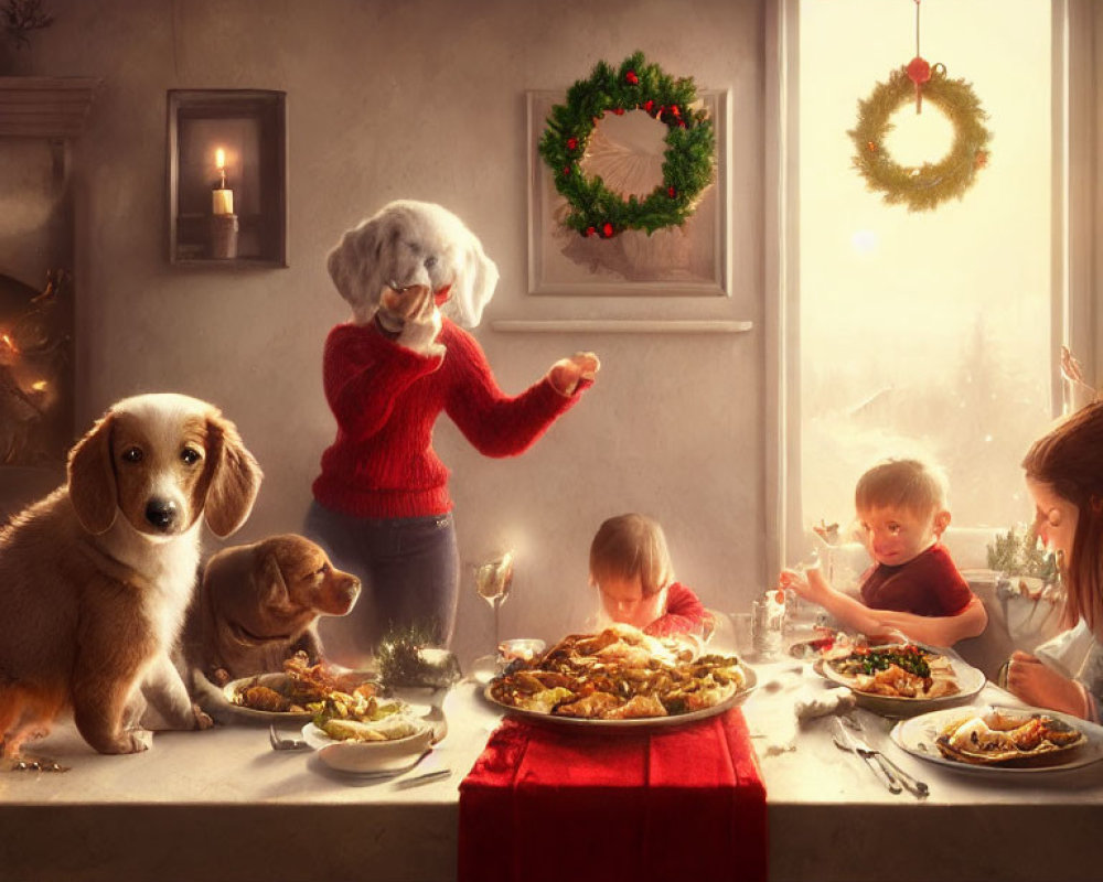 Family Holiday Meal with Woman, Children, and Puppies in Festive Setting