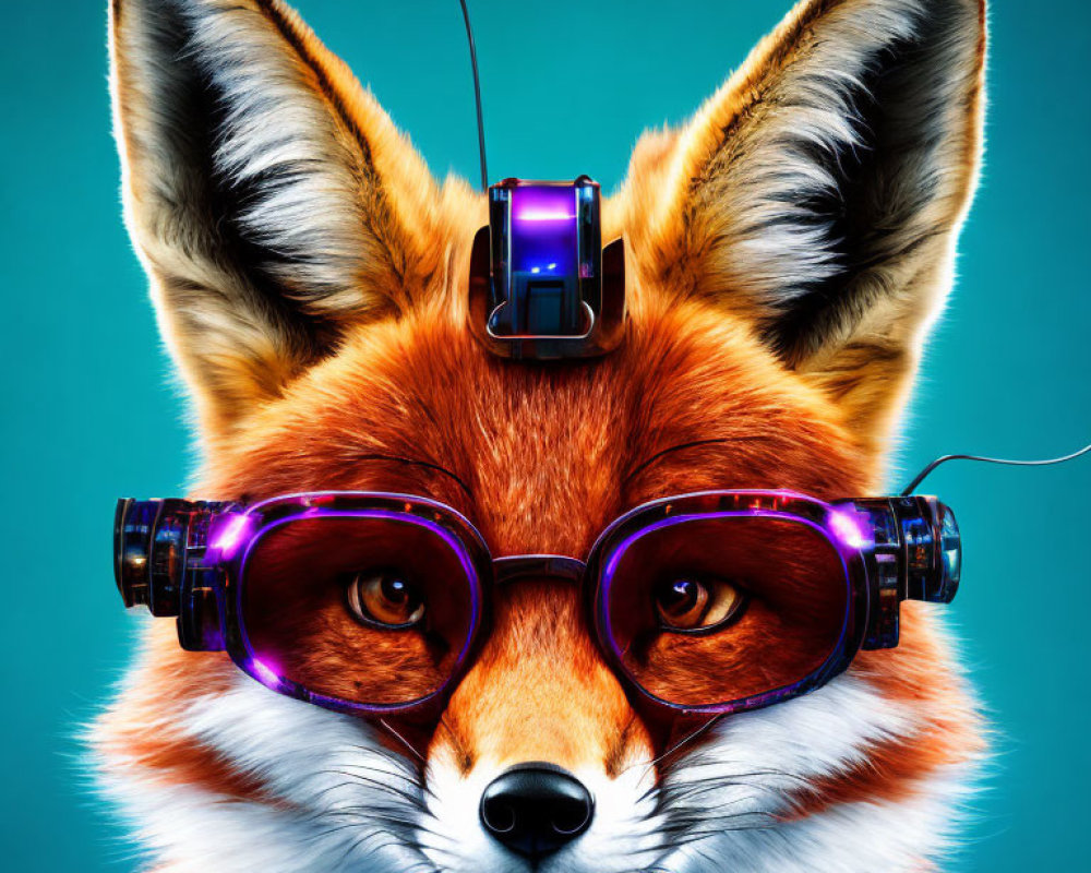 Stylized red fox with purple goggles and headset on blue background