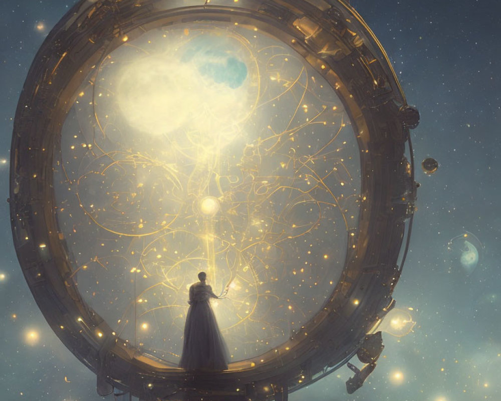 Mysterious figure in cloak at ornate circular structure under starry sky