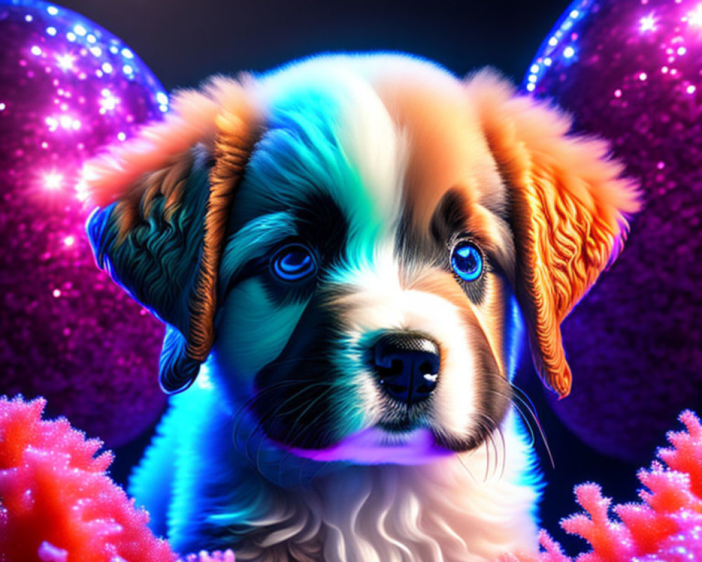 Colorful puppy with blue eyes in coral setting under starry sky