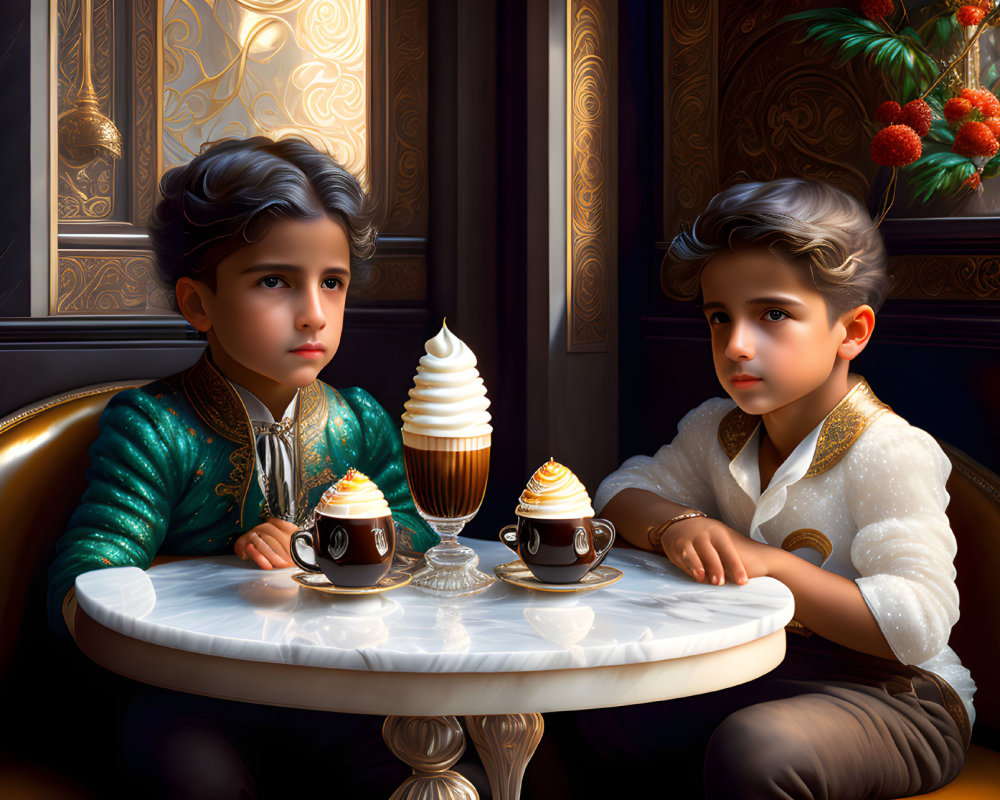 Elegantly dressed children at cafe table with fancy desserts and hot beverages