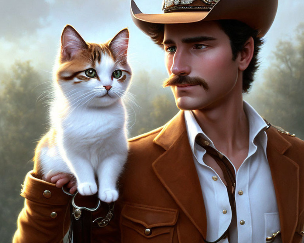 Stylized digital painting of man in cowboy hat with mustache holding white and ginger cat