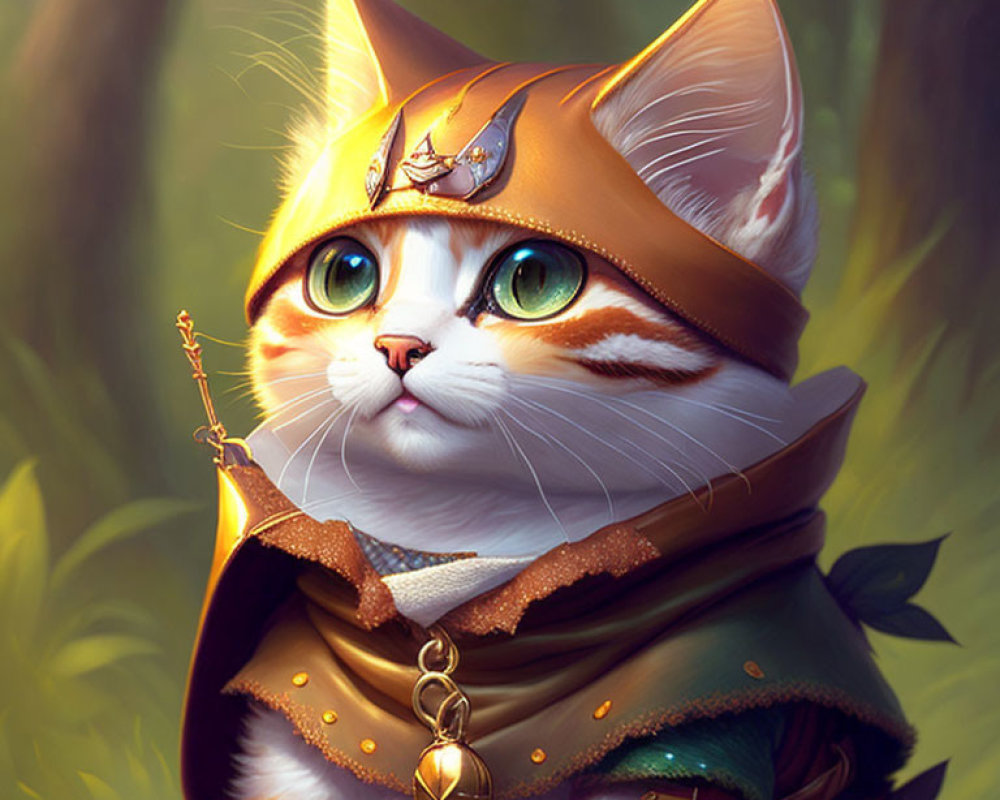 Fantasy cat illustration in medieval attire with forest backdrop