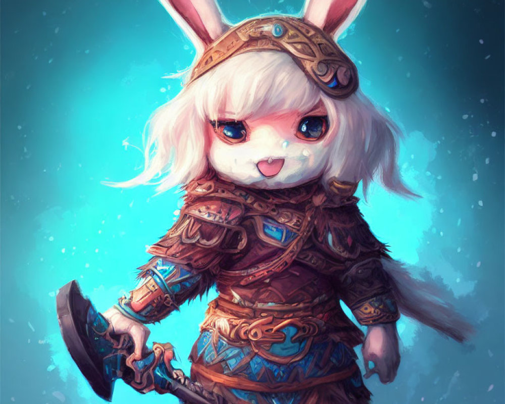 Anthropomorphic rabbit in armor with axe in fantasy setting