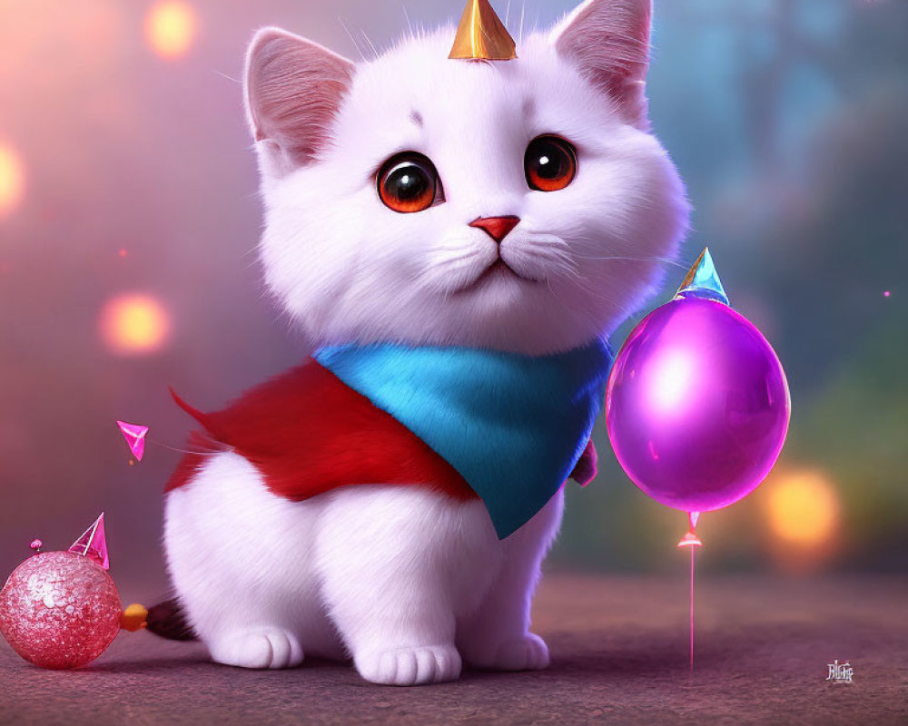 Adorable white fluffy kitten with party hat and scarf beside colorful baubles