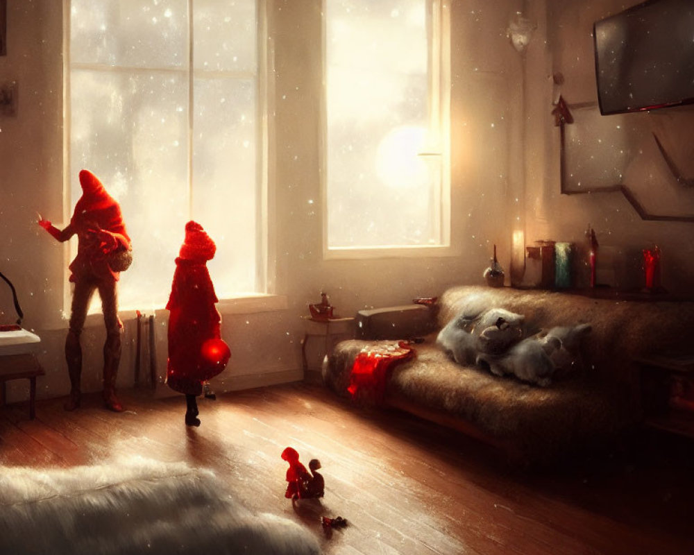 Cozy Room with Snowy Window, Red Hoodie, Dog, and Festive Decorations