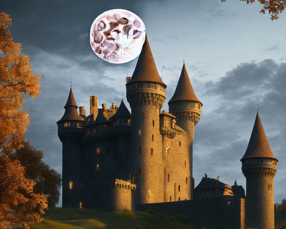 Medieval castle on hill with lush greenery at twilight under large moon with mythical animal figures