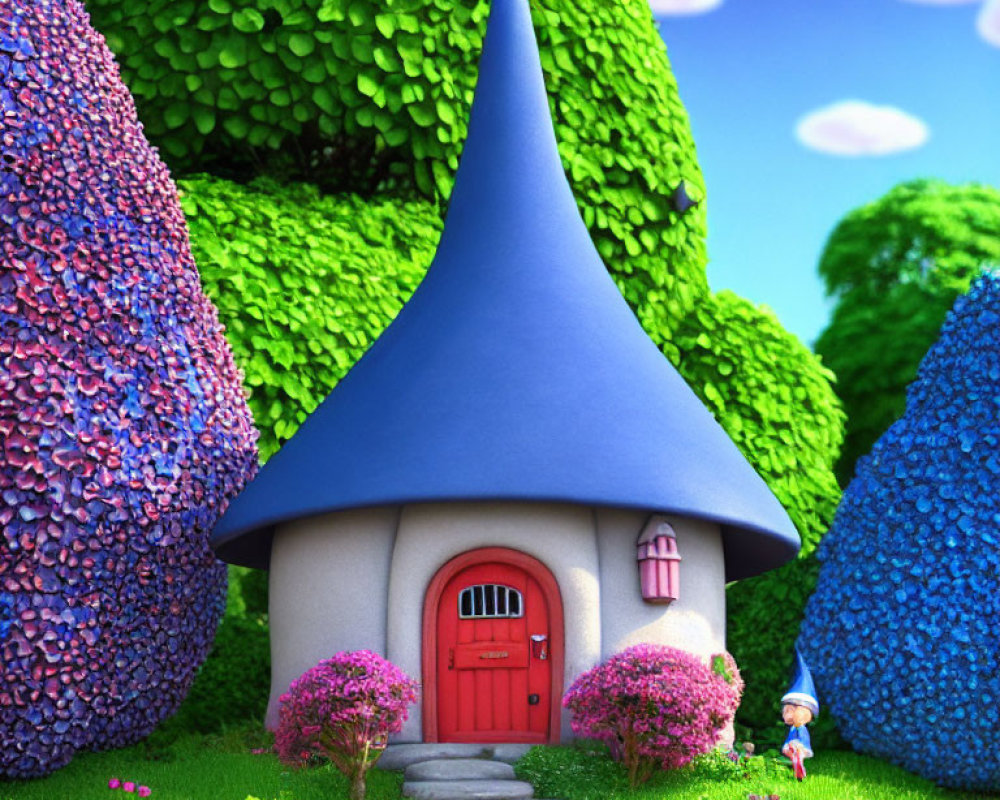 Colorful garden scene with small character in front of quaint house