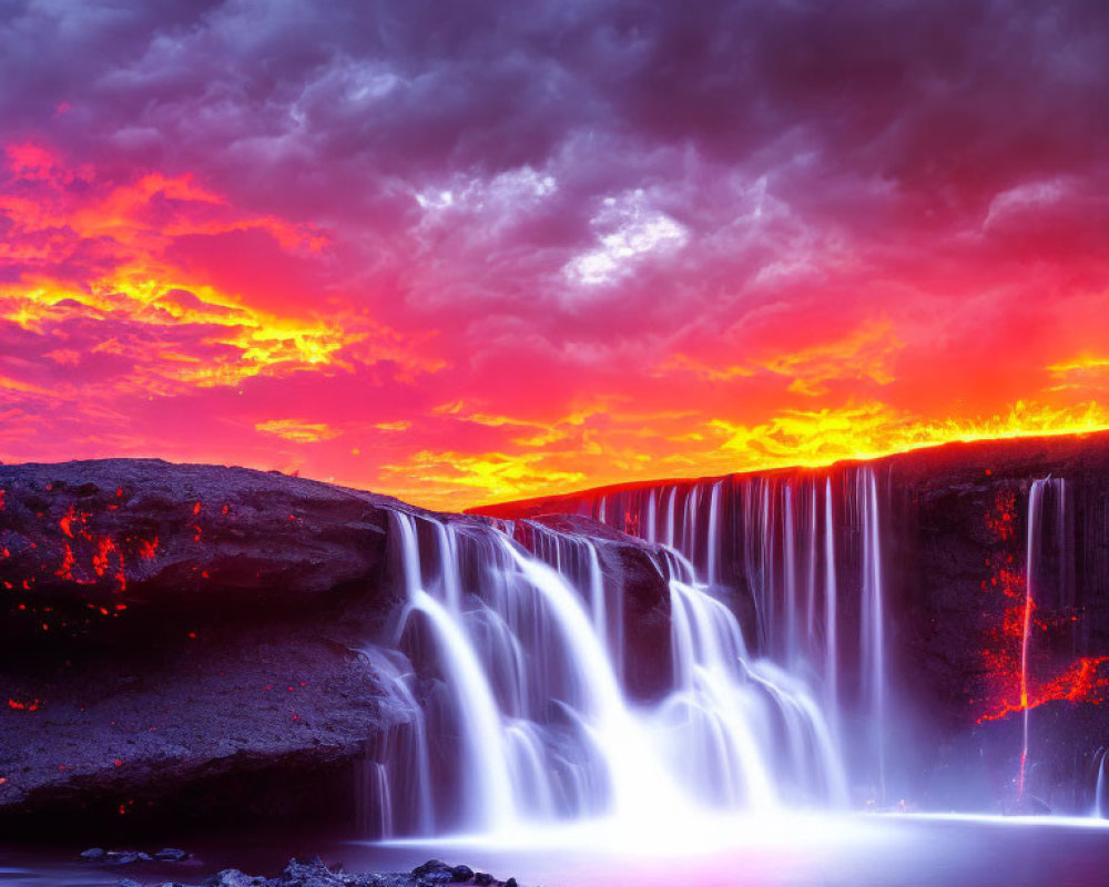 Majestic waterfall under crimson and indigo sunset