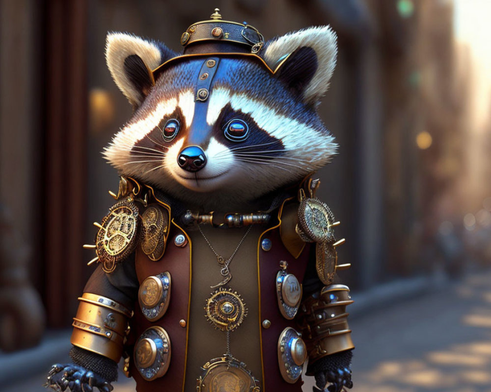 Steampunk-themed anthropomorphic raccoon in uniform with goggles and brass gadgets