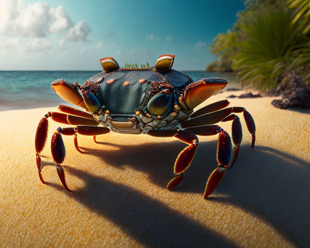 Colorful Crab on Sandy Beach with Ocean Background in Serene Tropical Setting