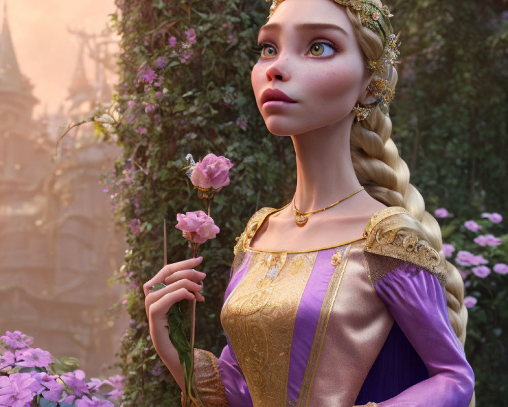 Animated princess with braided hair, golden tiara, purple dress, holding pink rose in castle backdrop