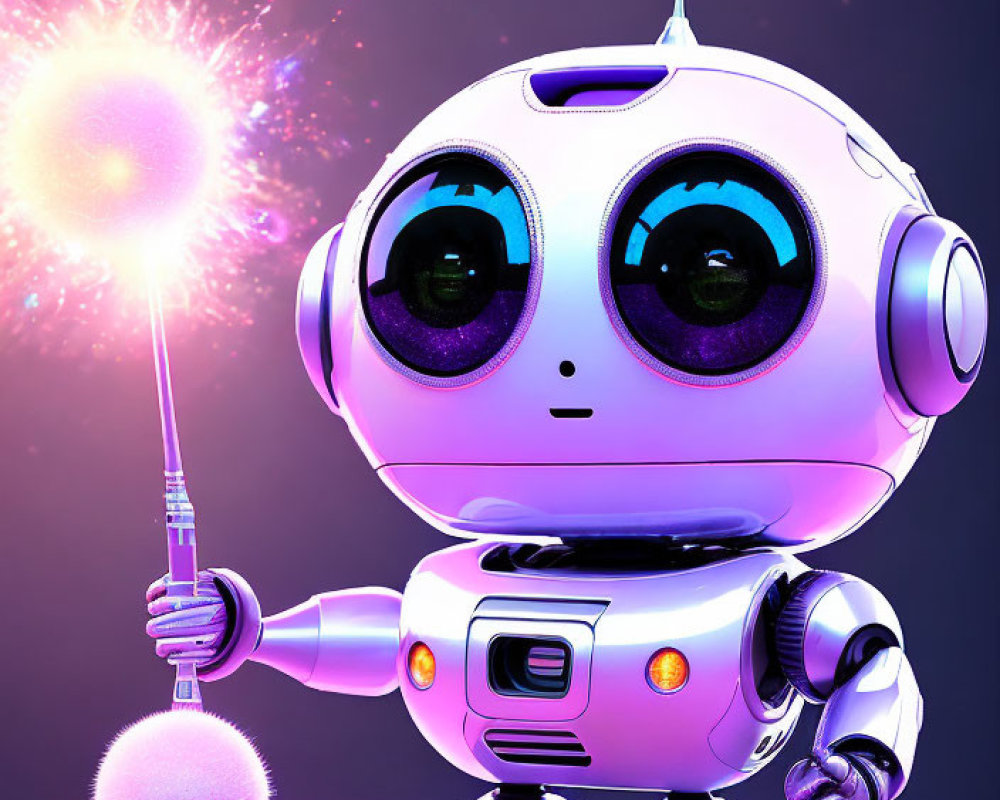 Stylized robot with glowing wand on purple backdrop