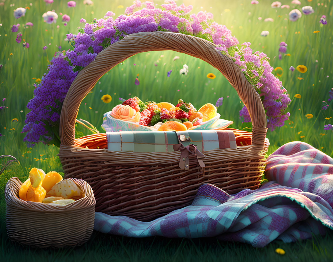 Picnic Basket with Purple Flowers on Plaid Blanket