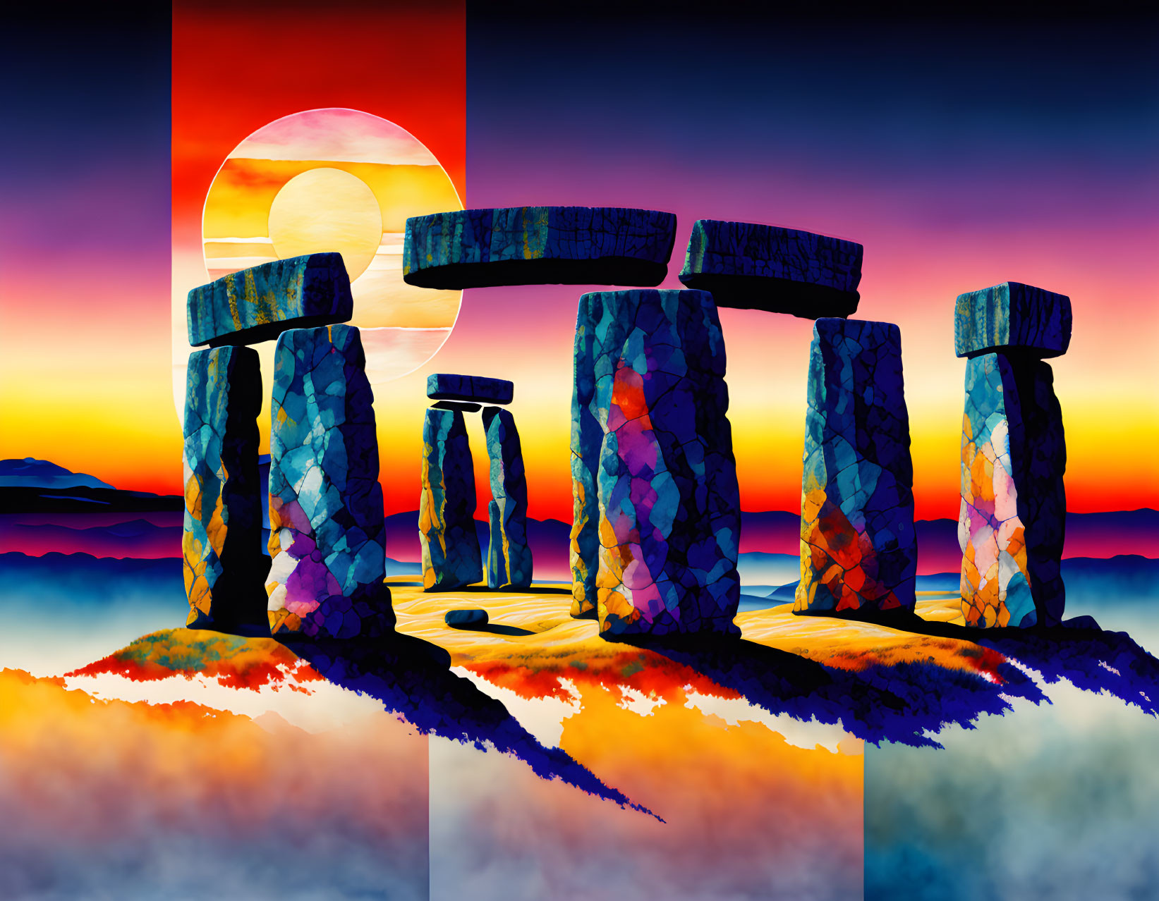 Vibrant Stonehenge art: geometric patterns at sunset