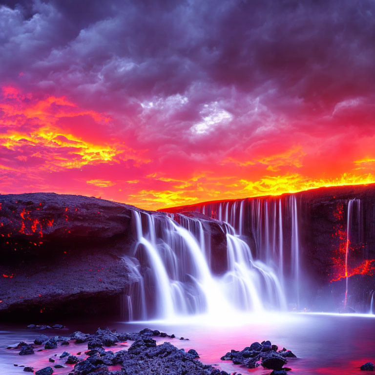 Majestic waterfall under crimson and indigo sunset