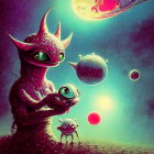 Colorful cosmic scene with whimsical creatures and orbs in starry space.