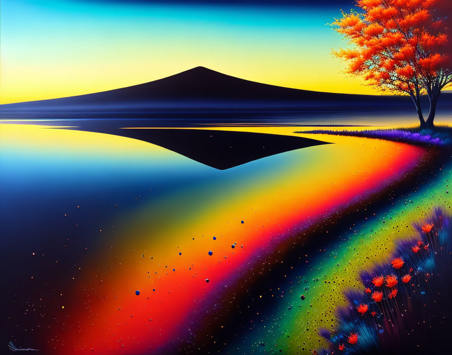 Colorful painting of mountain reflected in lake with vibrant sky and tree