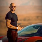 Muscular man with white hair and beard, lightning background, sports car - illustration