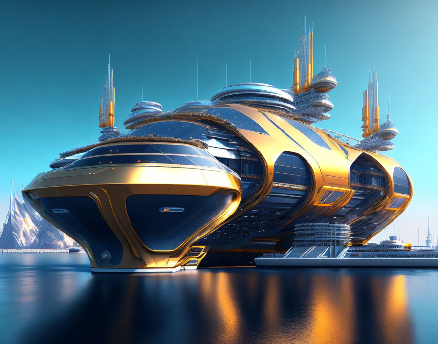 Futuristic blue and gold cityscape with advanced spaceship